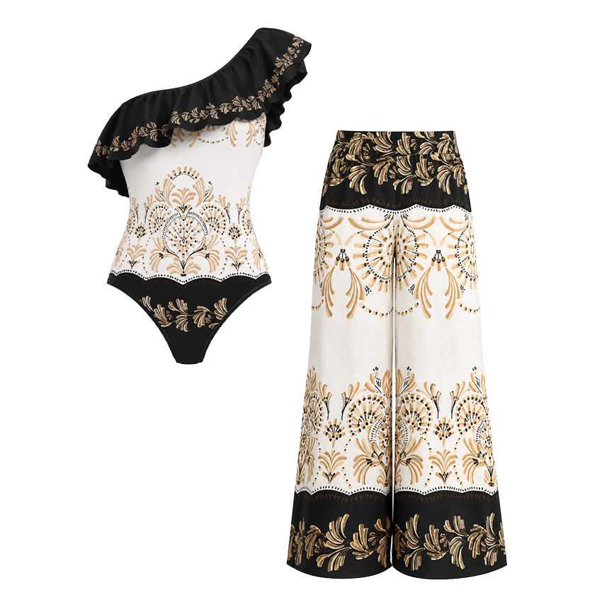 One Shoulder Color Block Printed Swimsuit Set(s)