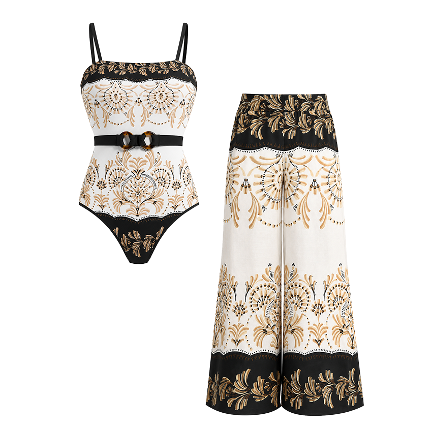 Bandeau Color Block Printed Swimsuit Set(s)