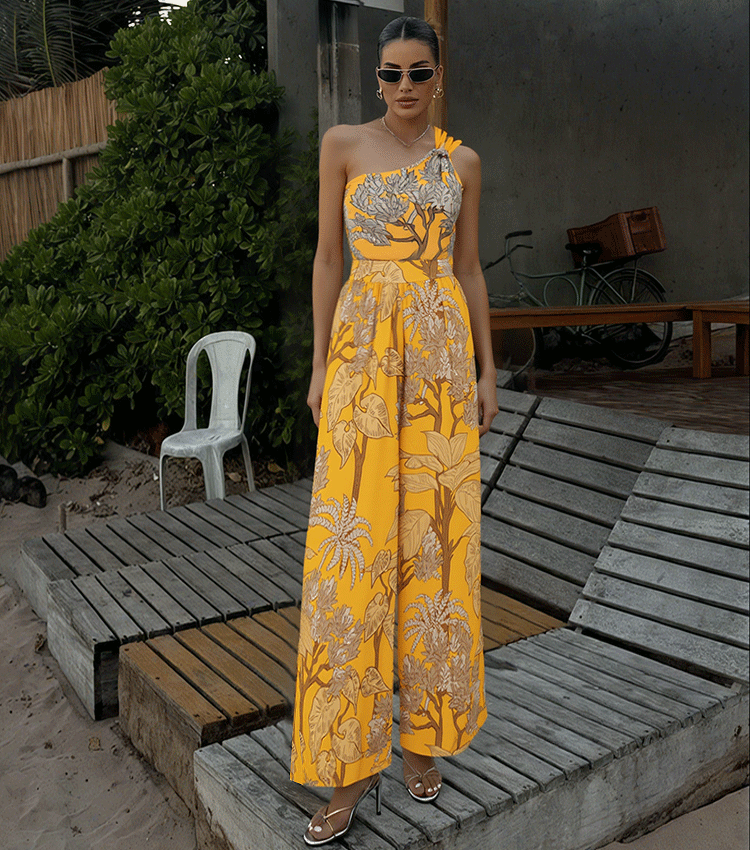 One Shoulder Yellow Printed Swimsuit Set(s)