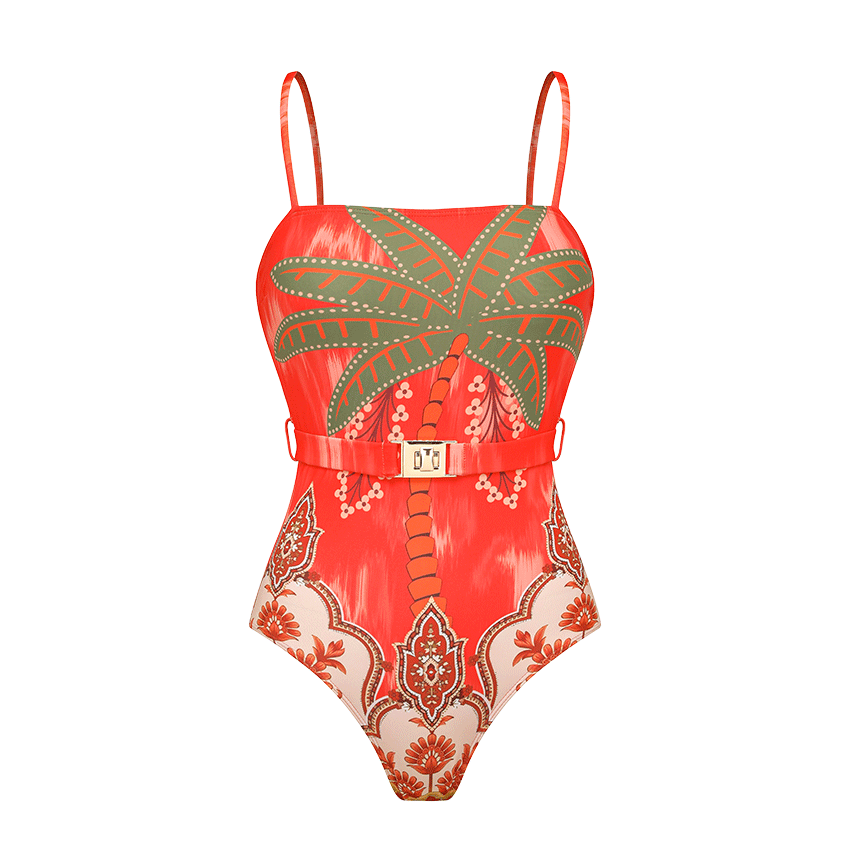 Off Shoulder Coconut Palm Print One Piece Swimsuit With Belt and Skirt