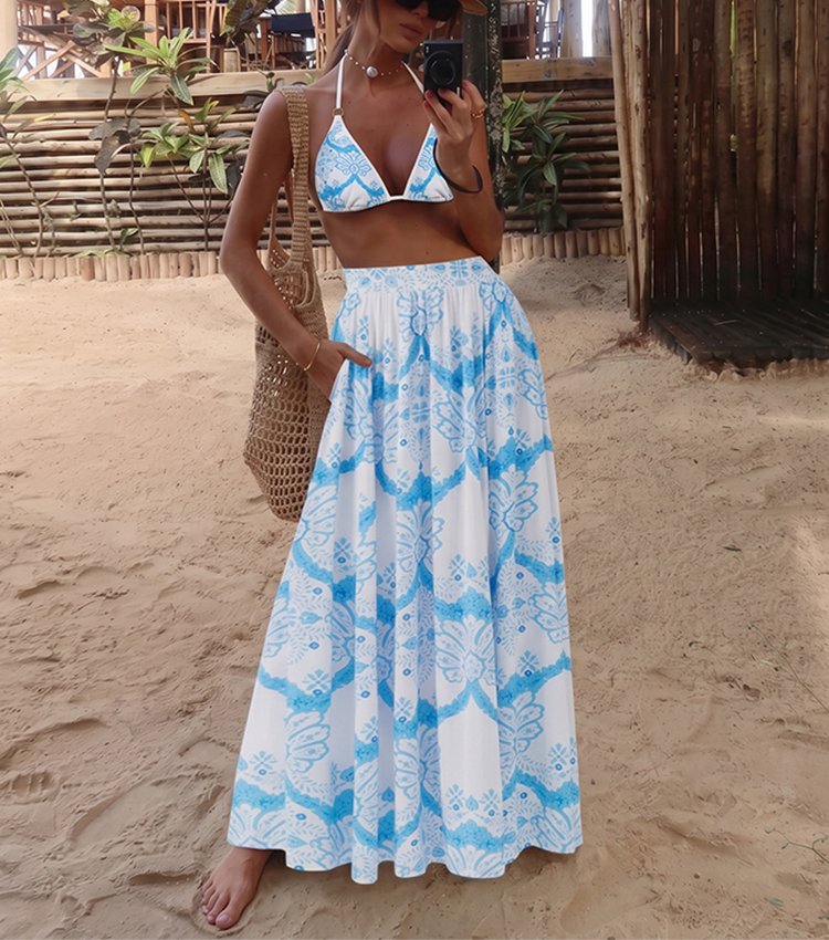 Halter Neck Light Blue Printed Sexy Bikini Swimsuit Set(s)
