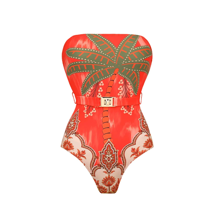 Off Shoulder Coconut Palm Print One Piece Swimsuit With Belt and Skirt