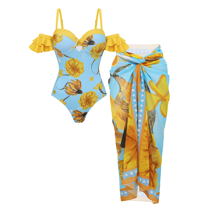 Bandeau Ruffle Chrysanthemum Print Swimsuit Set(s)
