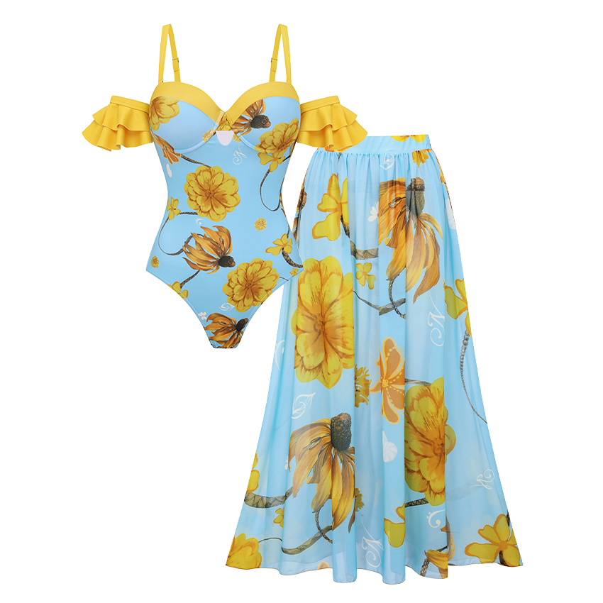 Bandeau Ruffle Chrysanthemum Print Swimsuit Set(s)