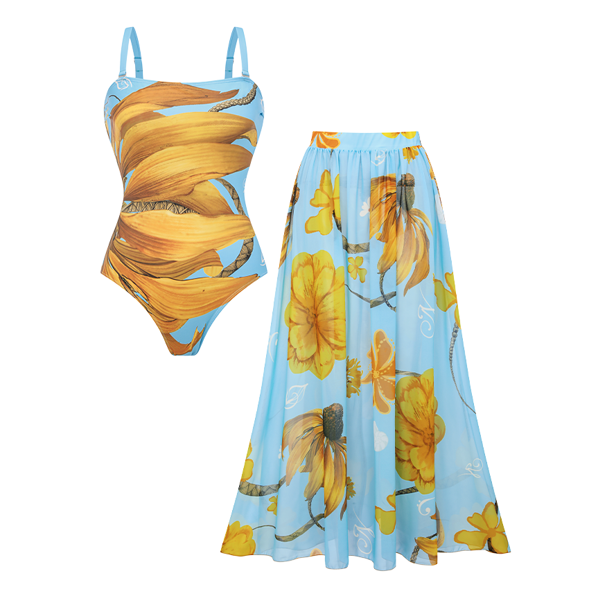 Bandeau Chrysanthemum Print Swimsuit Set(s)