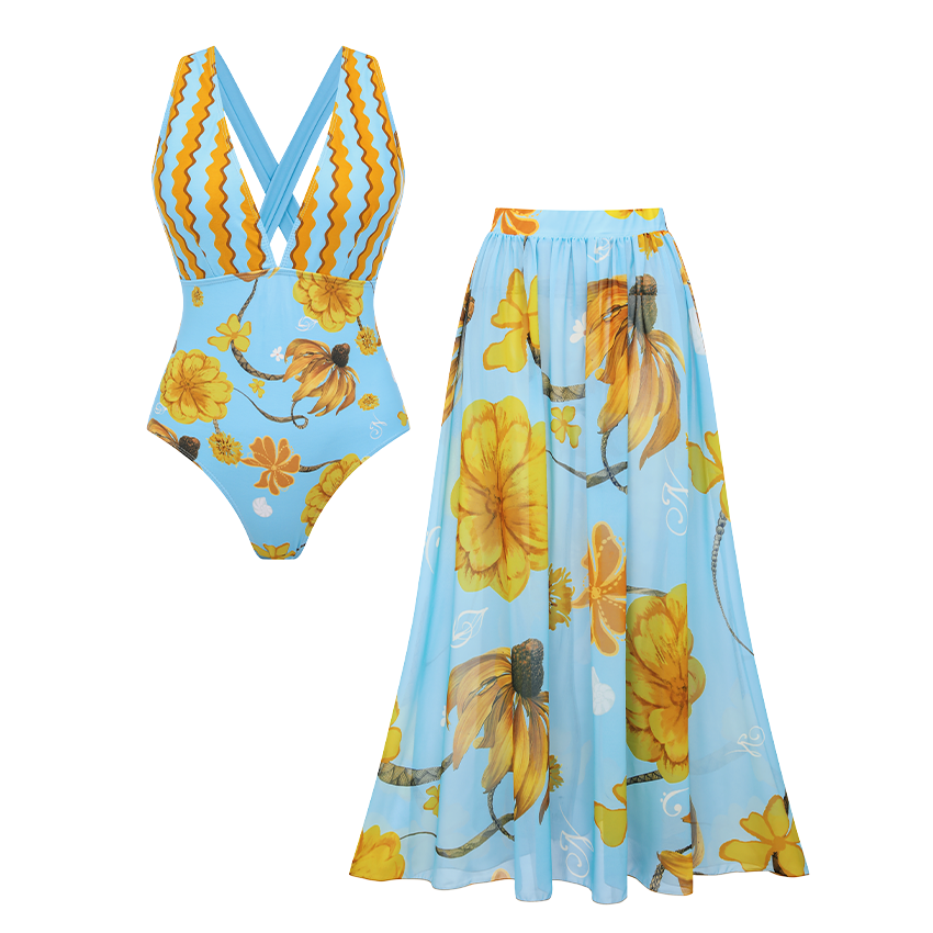 V Neck Chrysanthemum Print Swimsuit Set(s)