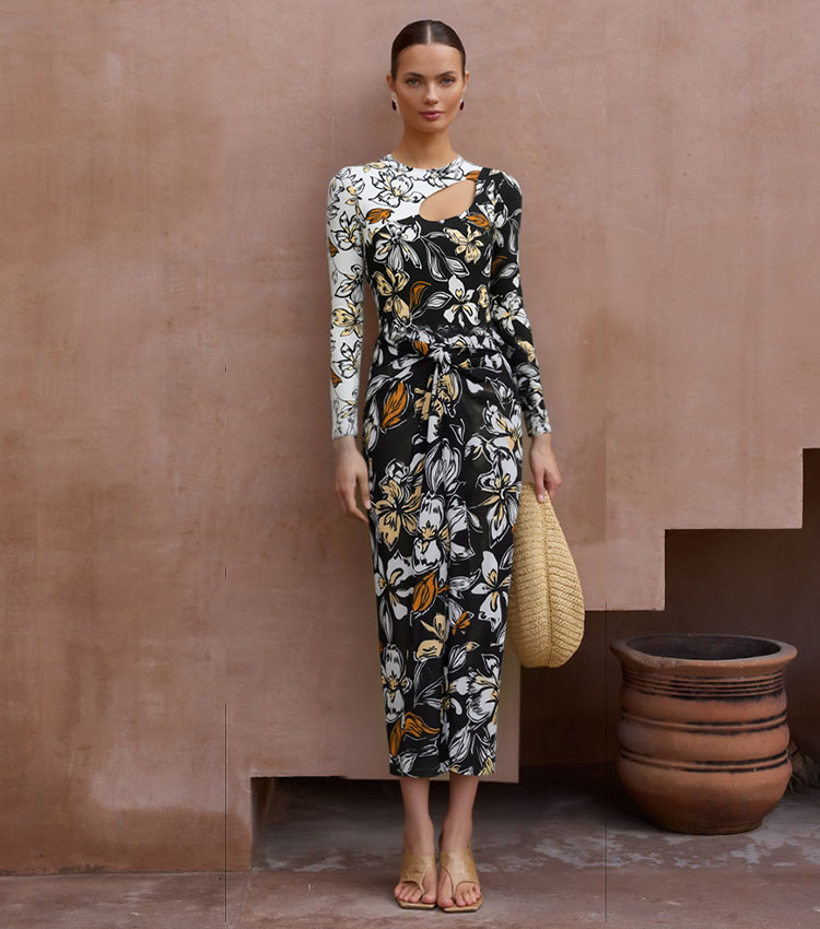 Cutout Printed Long Sleeve Rashguard Swimsuit Set(s)