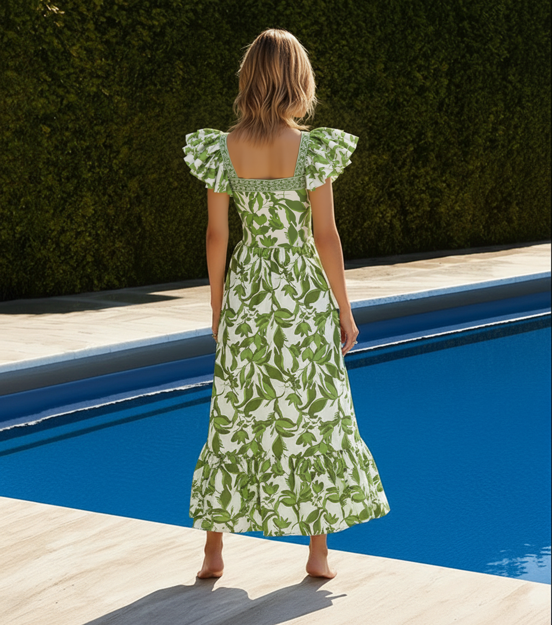 Ruffle V Neck Green Print Cut Out Swimsuit Set(s)