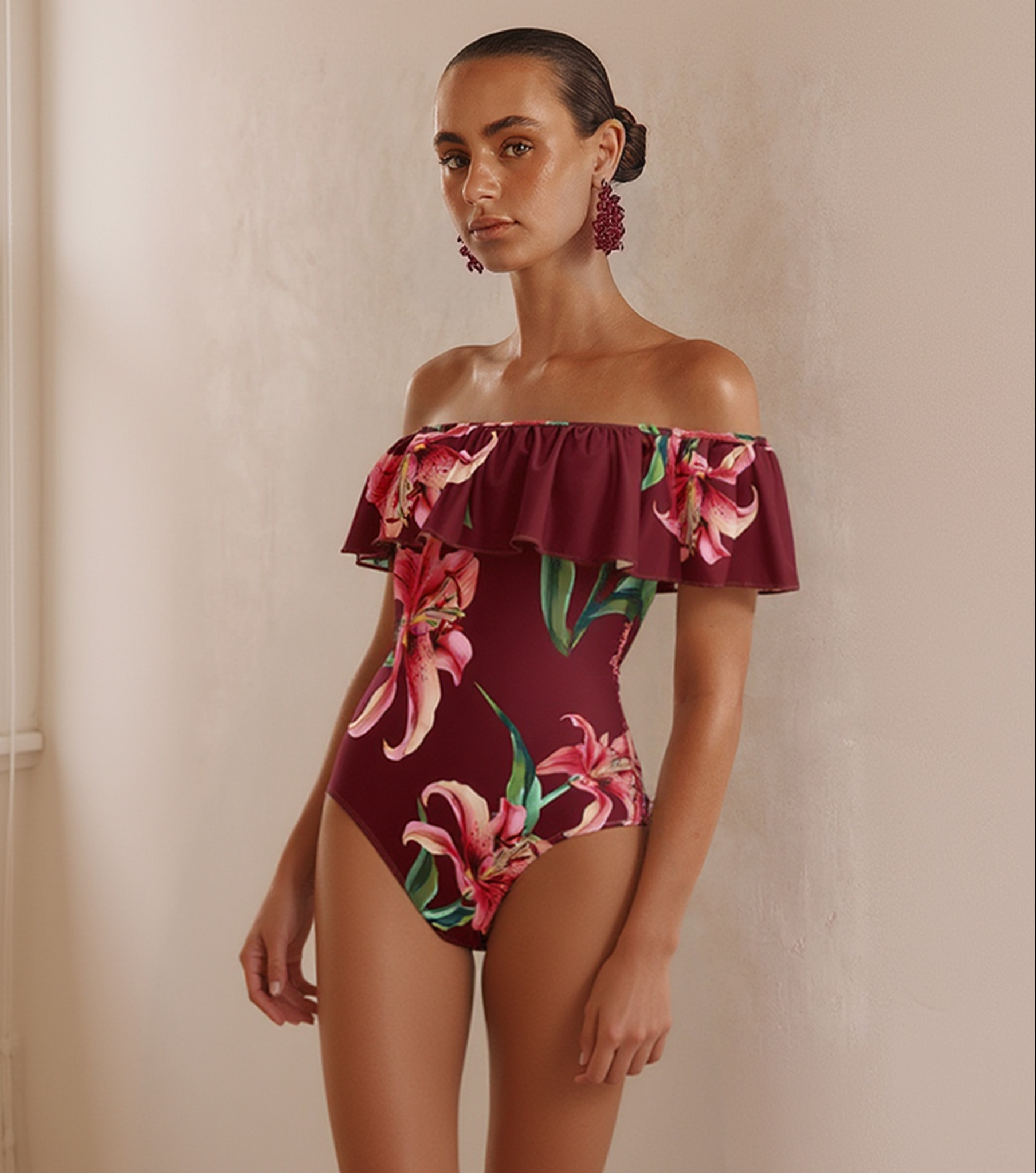 Off Shoulder Lily Print Wine Red Swimsuit Set(s)