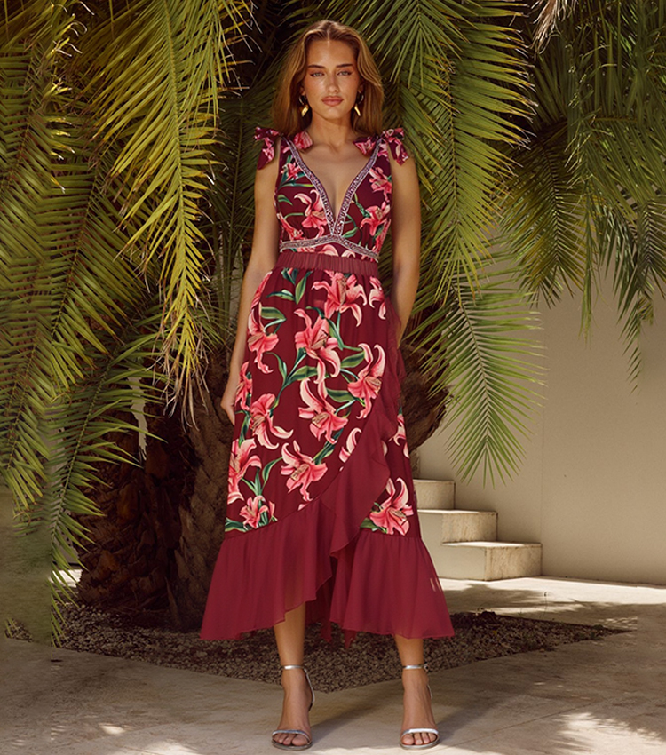 V Neck Tie Shoulder Lily Print Swimsuit Set(s)