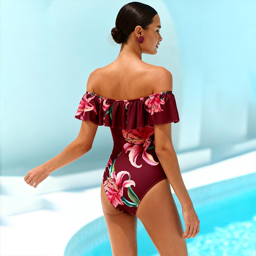 Off Shoulder Lily Print Wine Red Swimsuit Set(s)