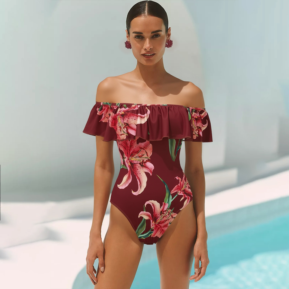 Off Shoulder Lily Print Wine Red Swimsuit Set(s)