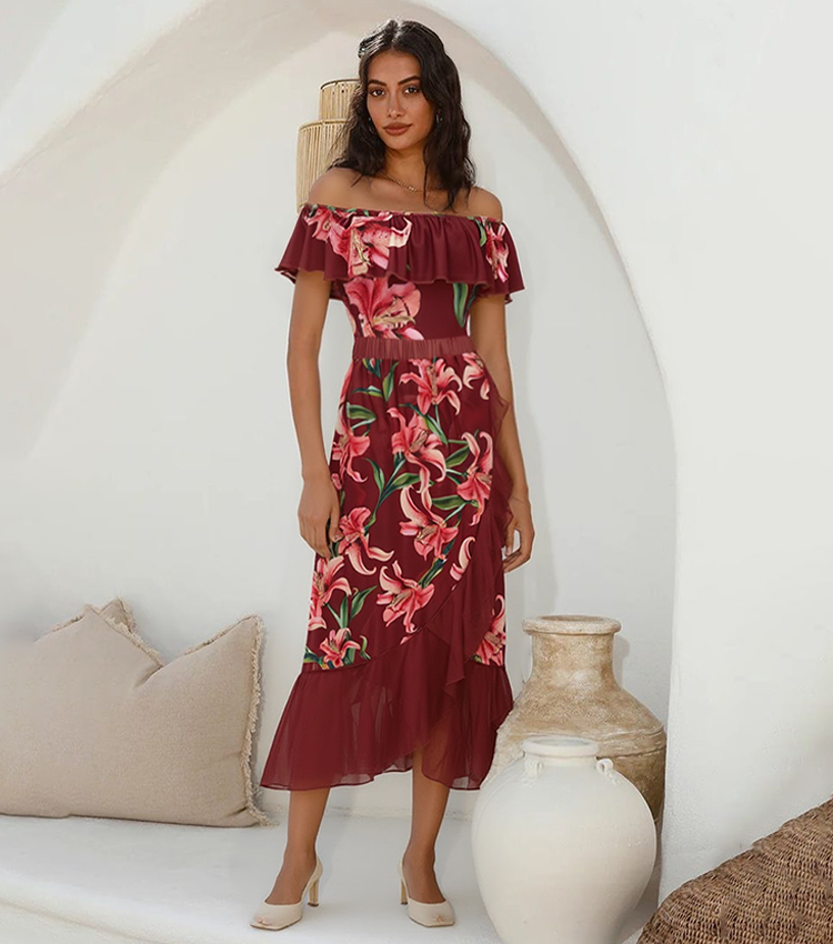 Off Shoulder Lily Print Wine Red Swimsuit Set(s)