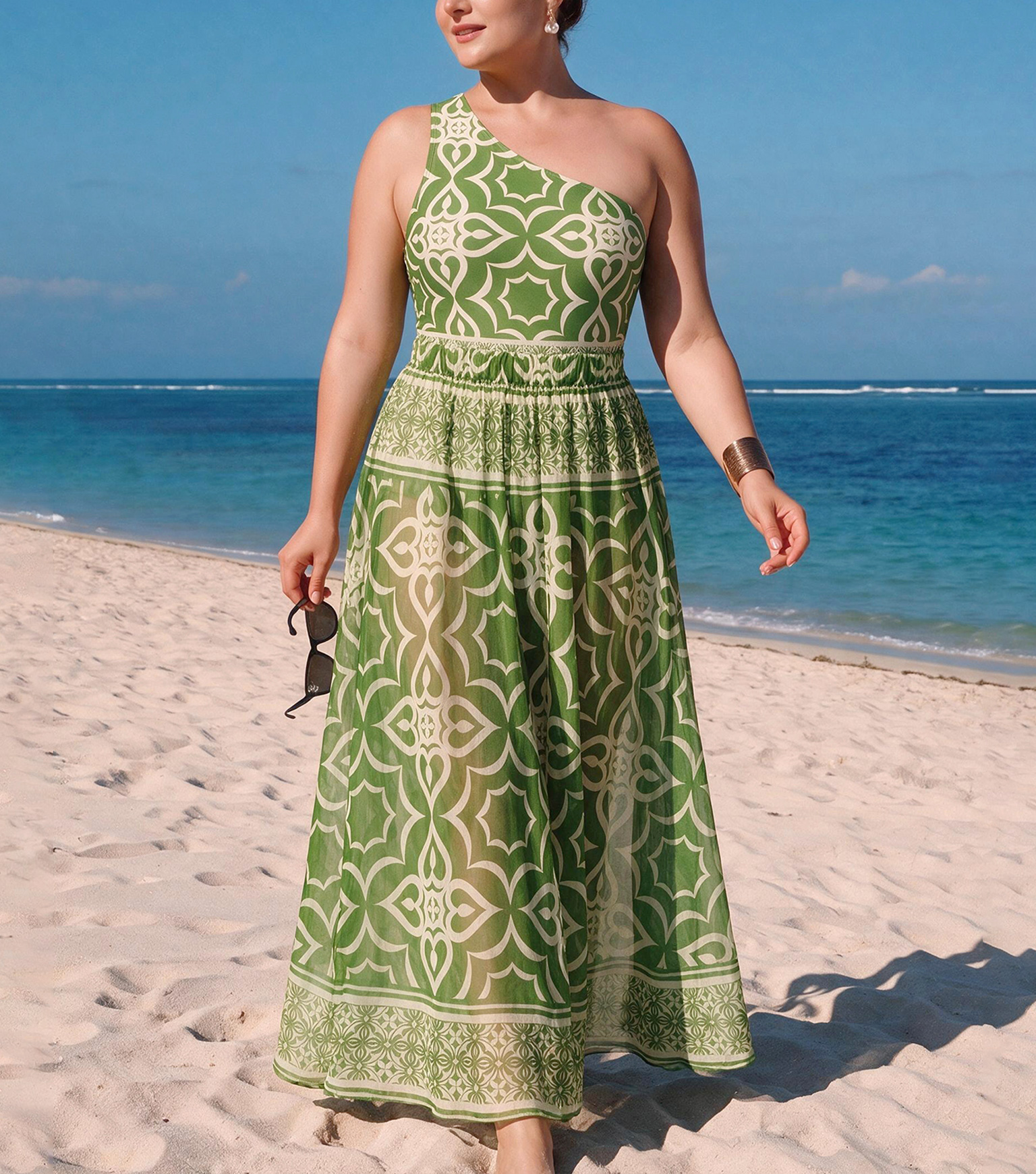 Plus Size One Shoulder Retro Print One Piece Swimsuit and Skirt