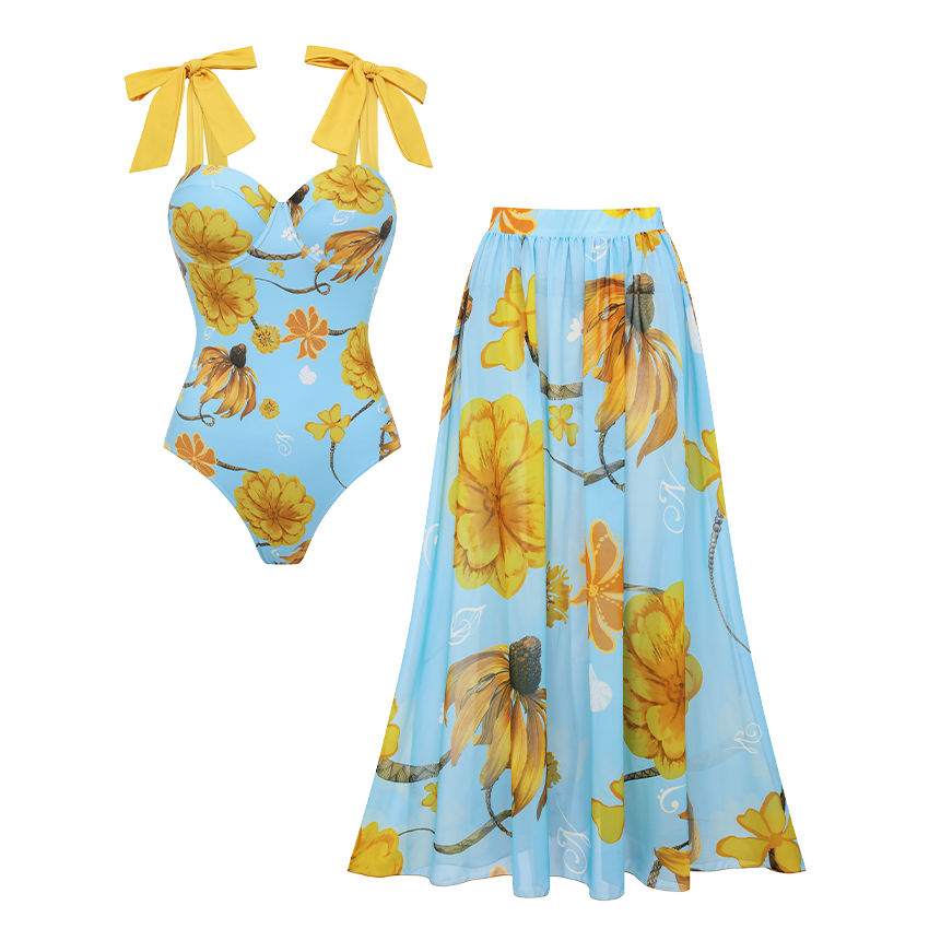 Bandage Bowknot Design Chrysanthemum Print Swimsuit Set(s)