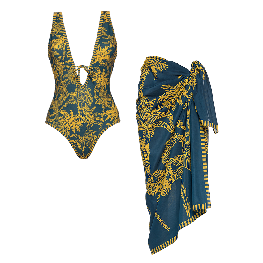 V Neck Palm Print Swimsuit Set(s)