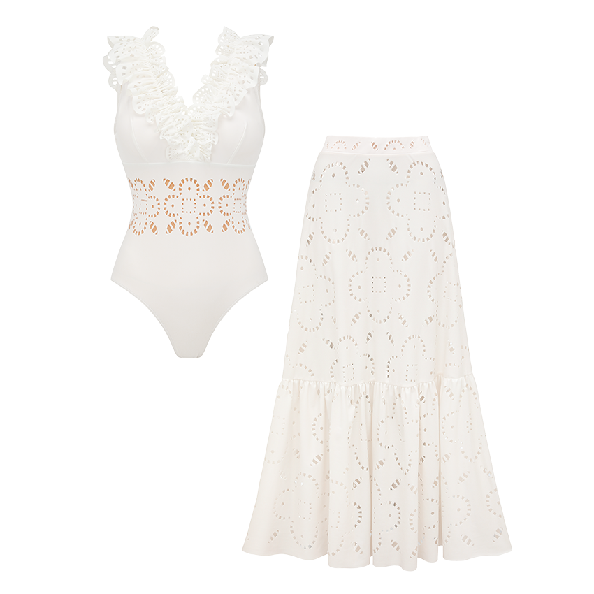 Ruffle Black Laser Cutting Flower Hollow Swimsuit Set(s)