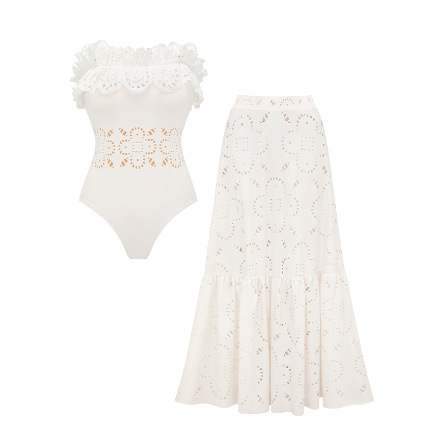 Ruffle Black Laser Cutting Flower Hollow Swimsuit Set(s)