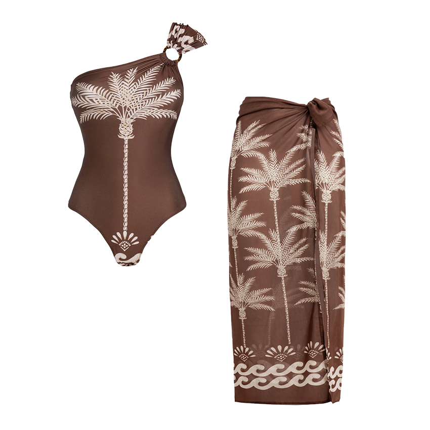 One Shoulder Palm Print Swimsuit Set(s)