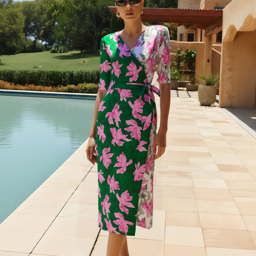 Color Block Printed Wrap Dress