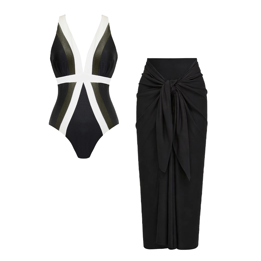 V Neck Color Block Swimsuit Set(s)