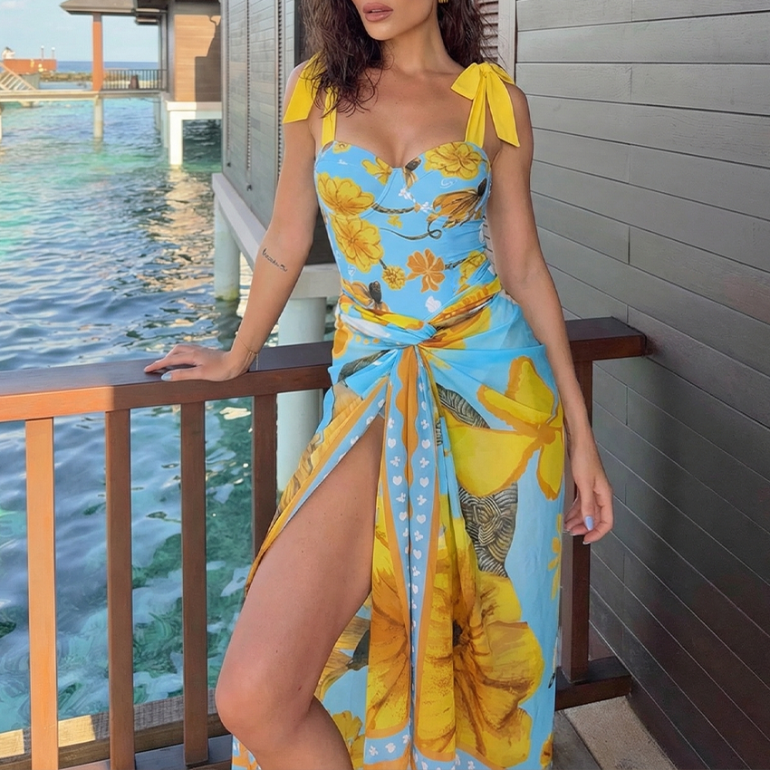 Bandage Bowknot Design Chrysanthemum Print Swimsuit Set(s)