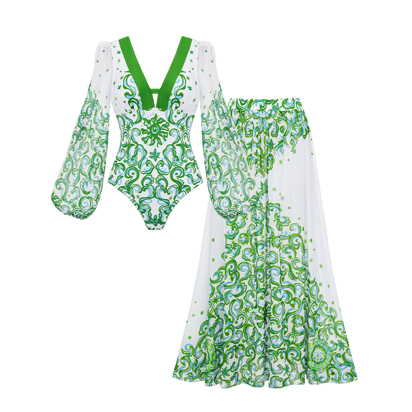 V Neck Printed Long Sleeve Rashguard Swimsuit Set(s)