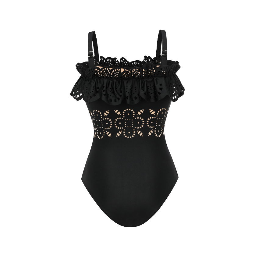 Ruffle Black Laser Cutting Flower Hollow Swimsuit Set(s)