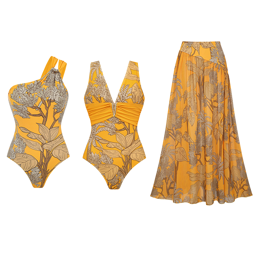 One Shoulder Yellow Printed Swimsuit Set(s)