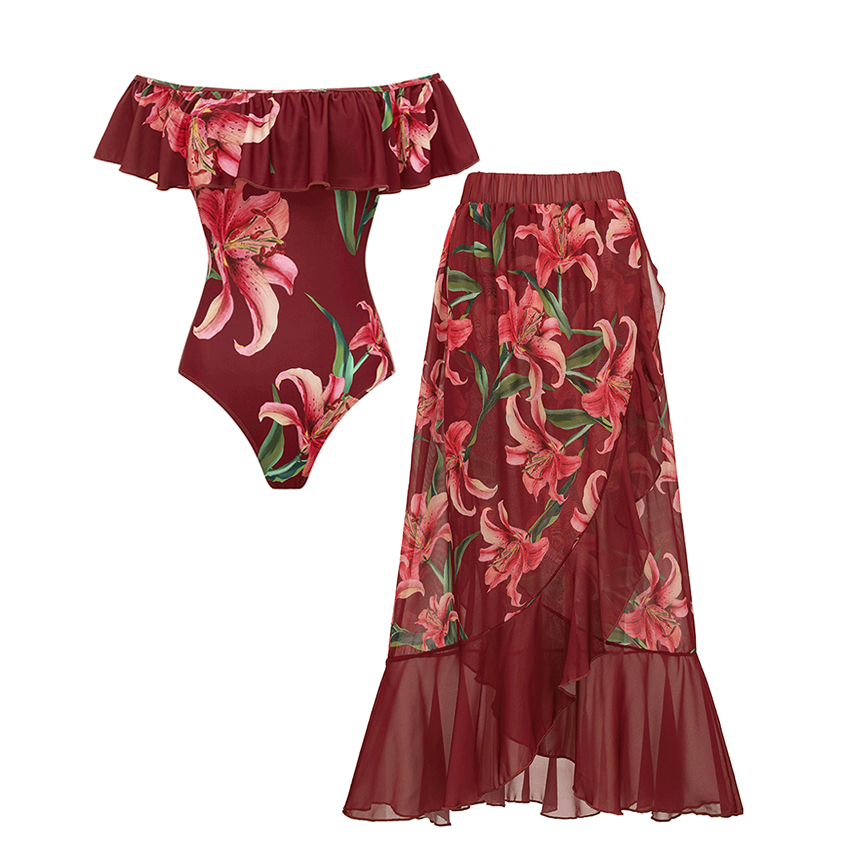 Off Shoulder Lily Print Wine Red Swimsuit Set(s)