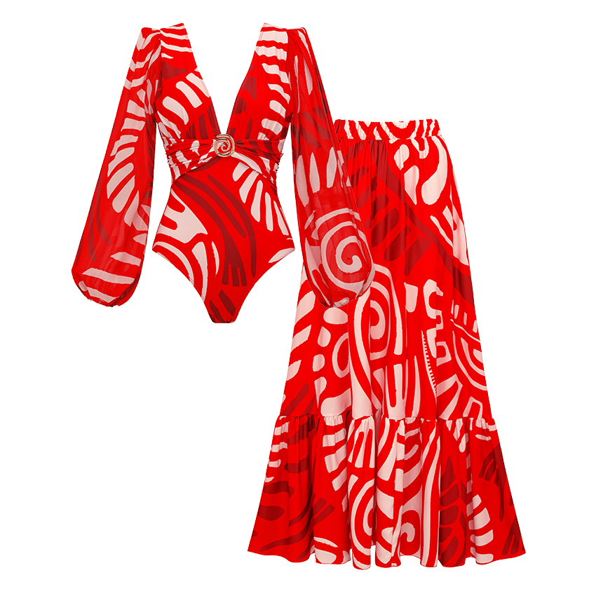 Long Sleeves Red Tribal Print Swimsuit Set(s)
