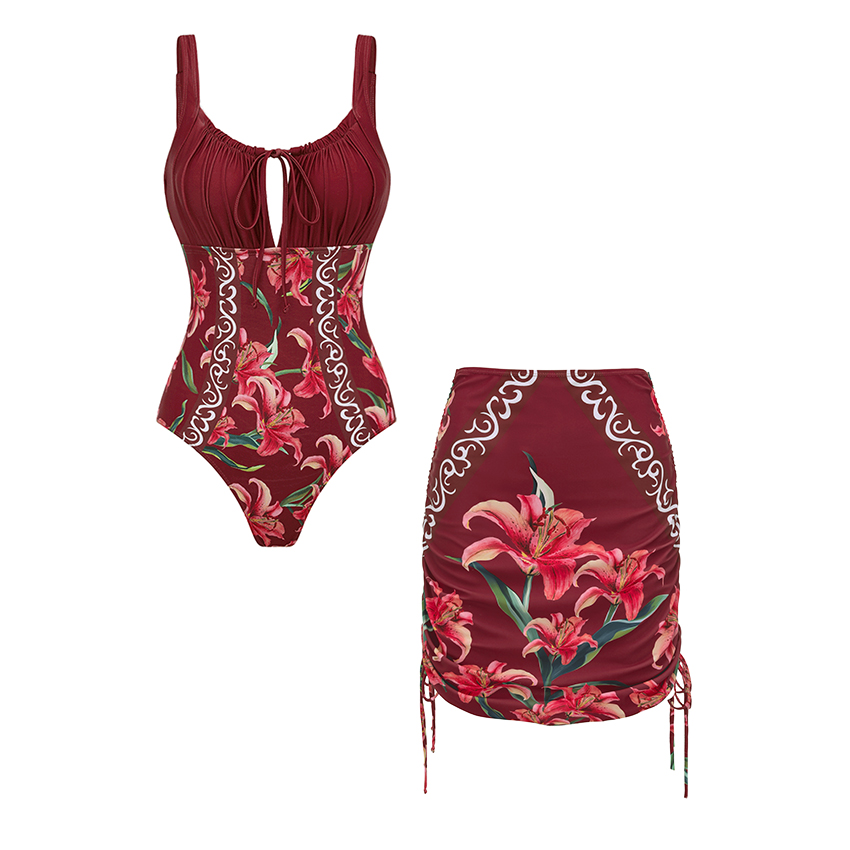 Sling Drawstring Cut Out Lily Print Swimsuit Set(s)