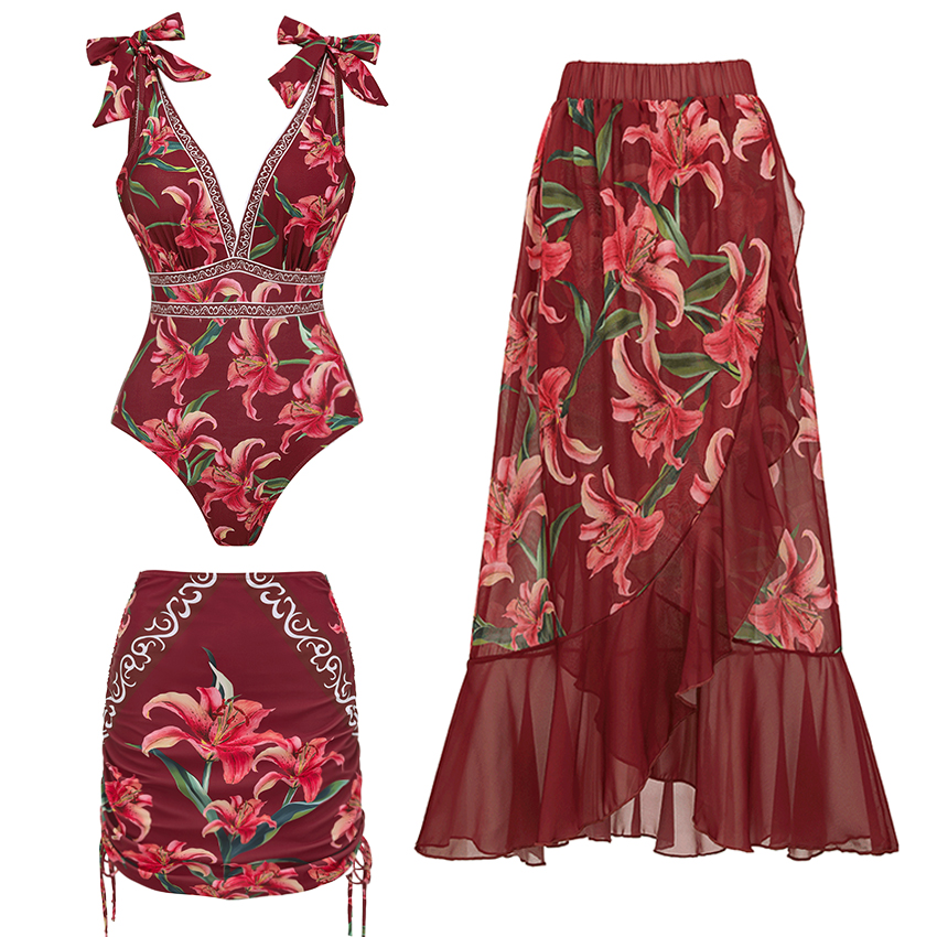V Neck Tie Shoulder Lily Print Swimsuit Set(s)