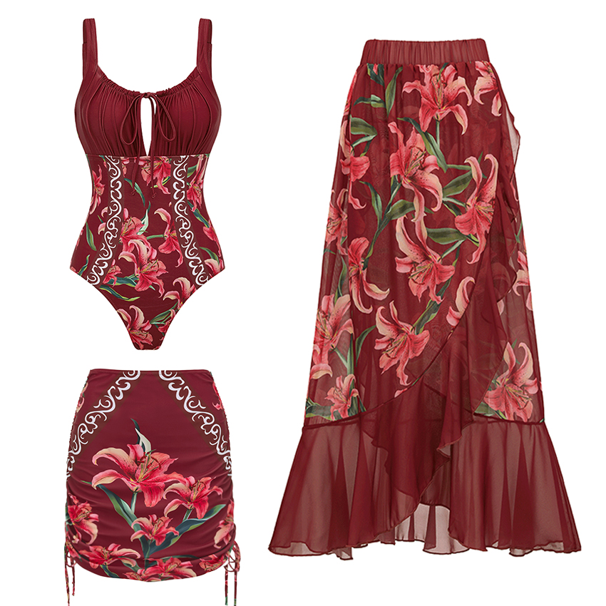 Sling Drawstring Cut Out Lily Print Swimsuit Set(s)