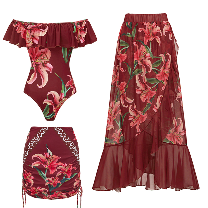 Off Shoulder Lily Print Wine Red Swimsuit Set(s)