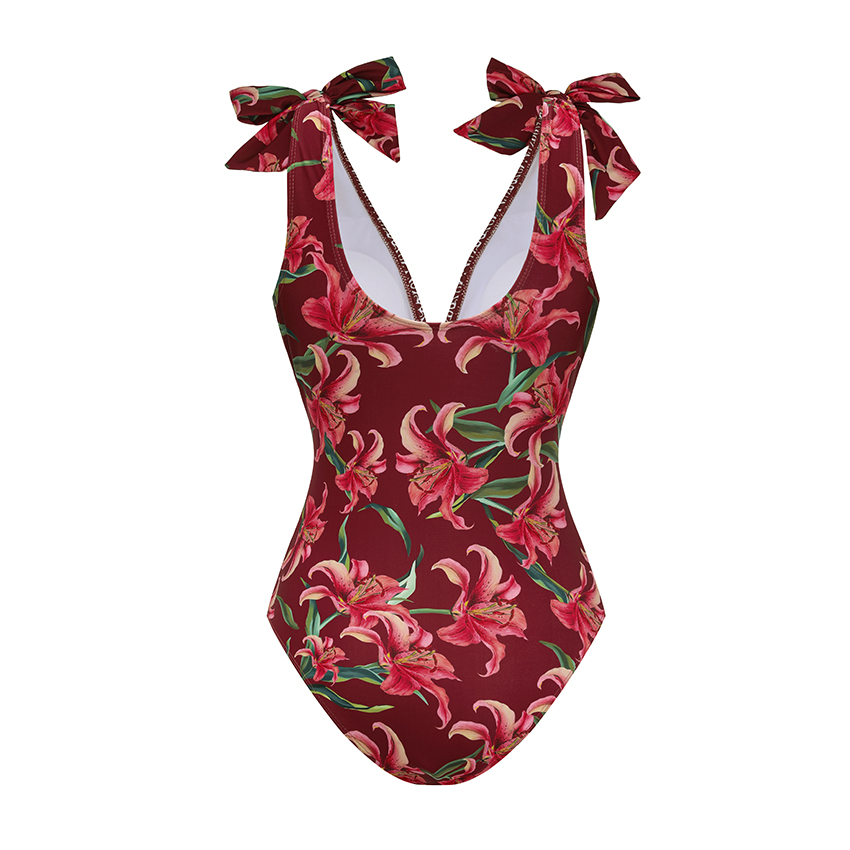 V Neck Tie Shoulder Lily Print Swimsuit Set(s)