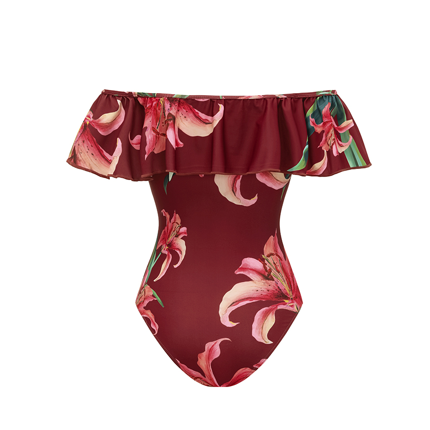 Off Shoulder Lily Print Wine Red Swimsuit Set(s)