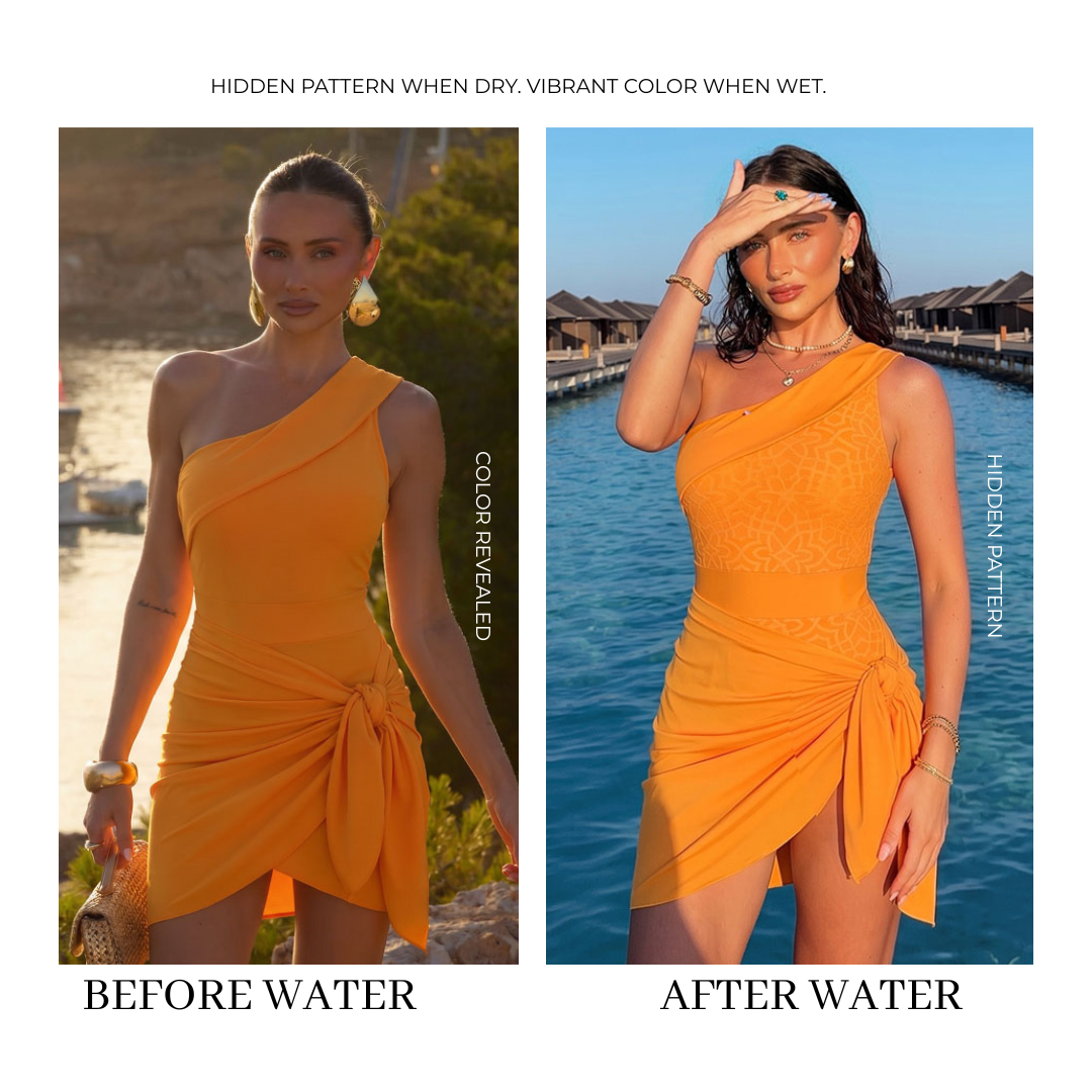 Oblique Shoulder Water-Activated Color-Changing Swimsuit Set(s)