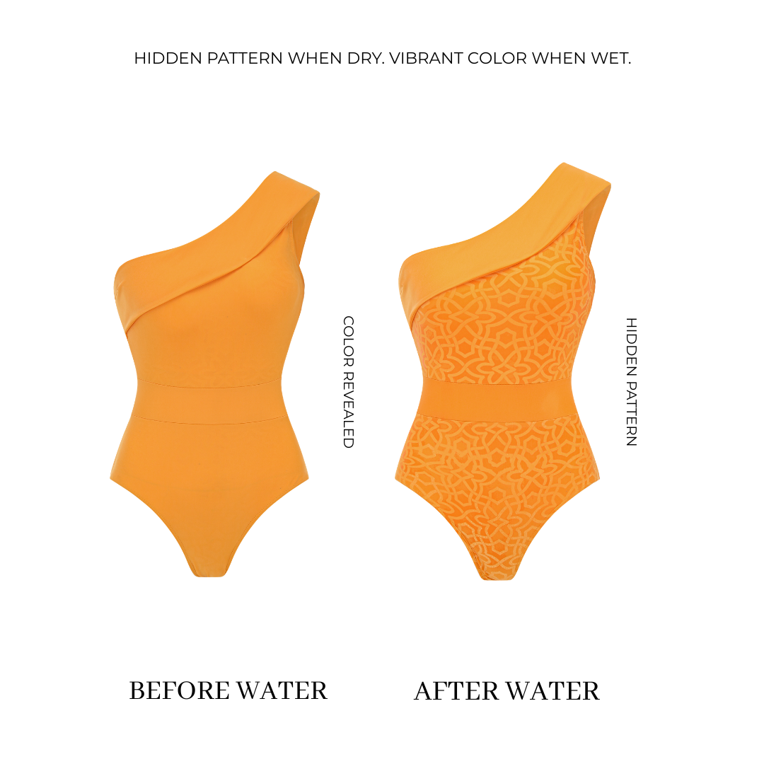 Oblique Shoulder Water-Activated Color-Changing Swimsuit Set(s)