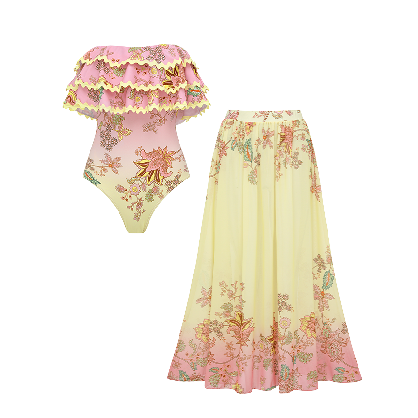 Ruffle Color Block Printed Swimsuit Set(s)