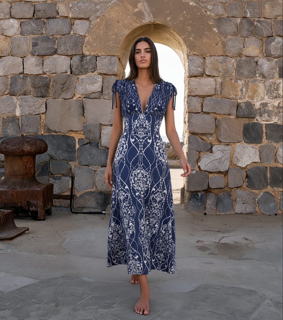 [Copy]V Neck Tie Shoulder Lily Print Swimsuit Set(s)