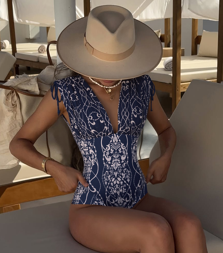 V Neck Shoulder Drawstring Printed Swimsuit Set(s)