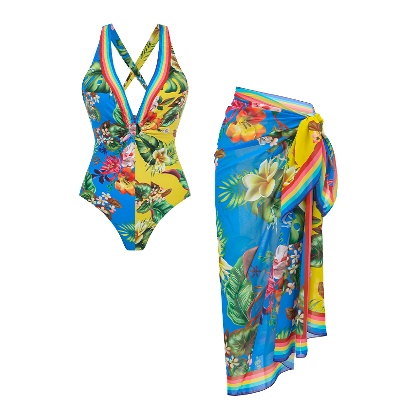 V Neck Color Block PrintedSwimsuit Set(s)
