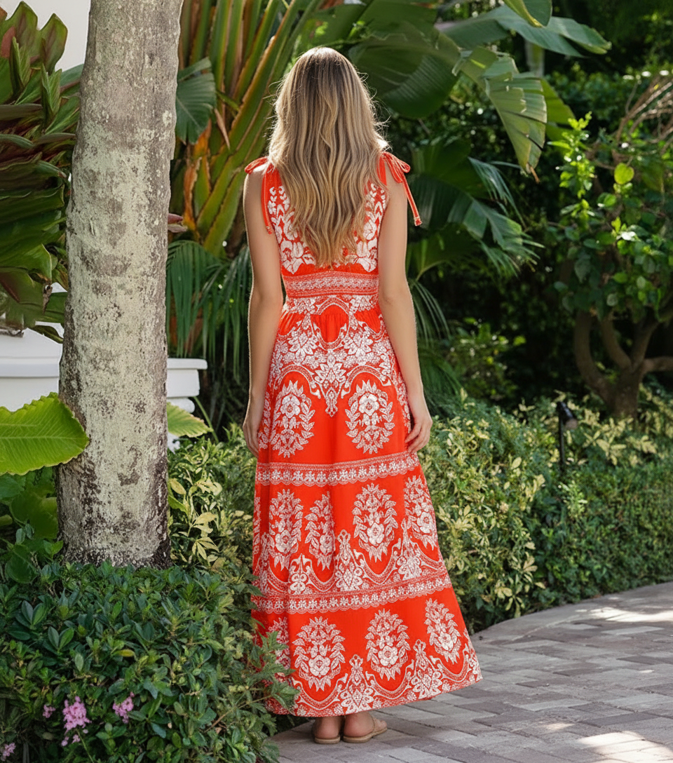 V Neck Bow-detailed Red Printed Swimsuit Set(s)