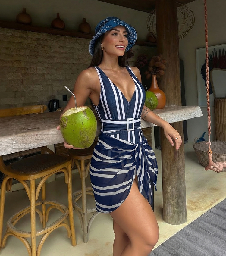 V Neck Blue Striped Print Swimsuit Set(s)