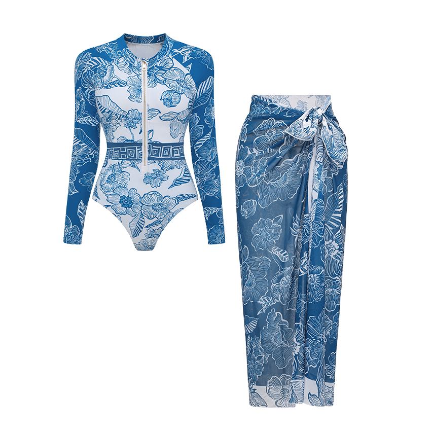 Color Block Long Sleeve Rashguard Swimsuit Set(s)