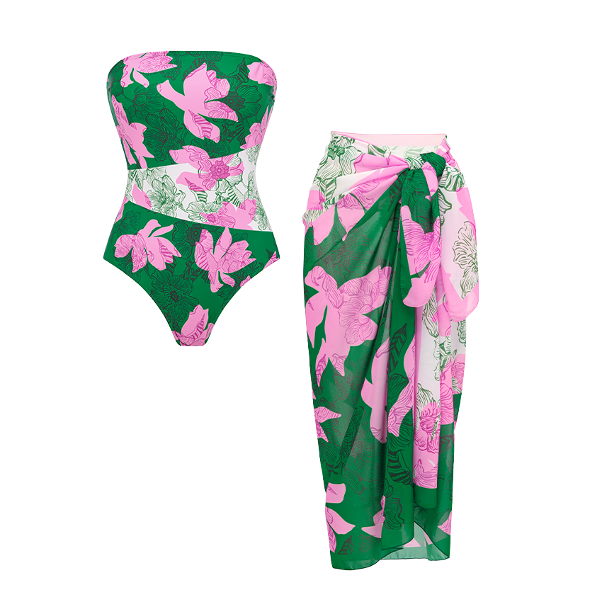 Bandeau Color Block Printed Swimsuit Set(s)