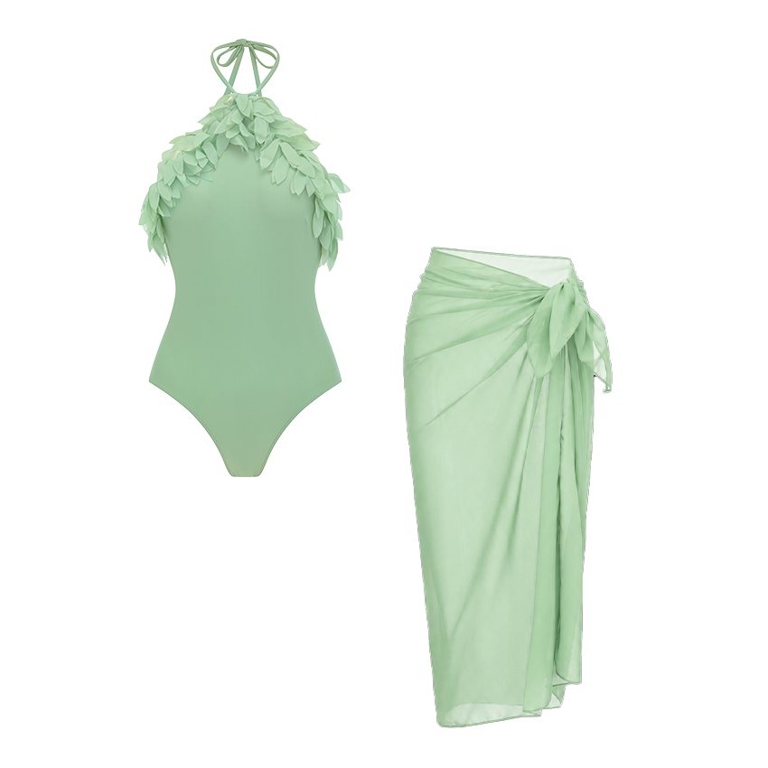 Halter 3D Petals Solid Color Swimsuit Set(s)