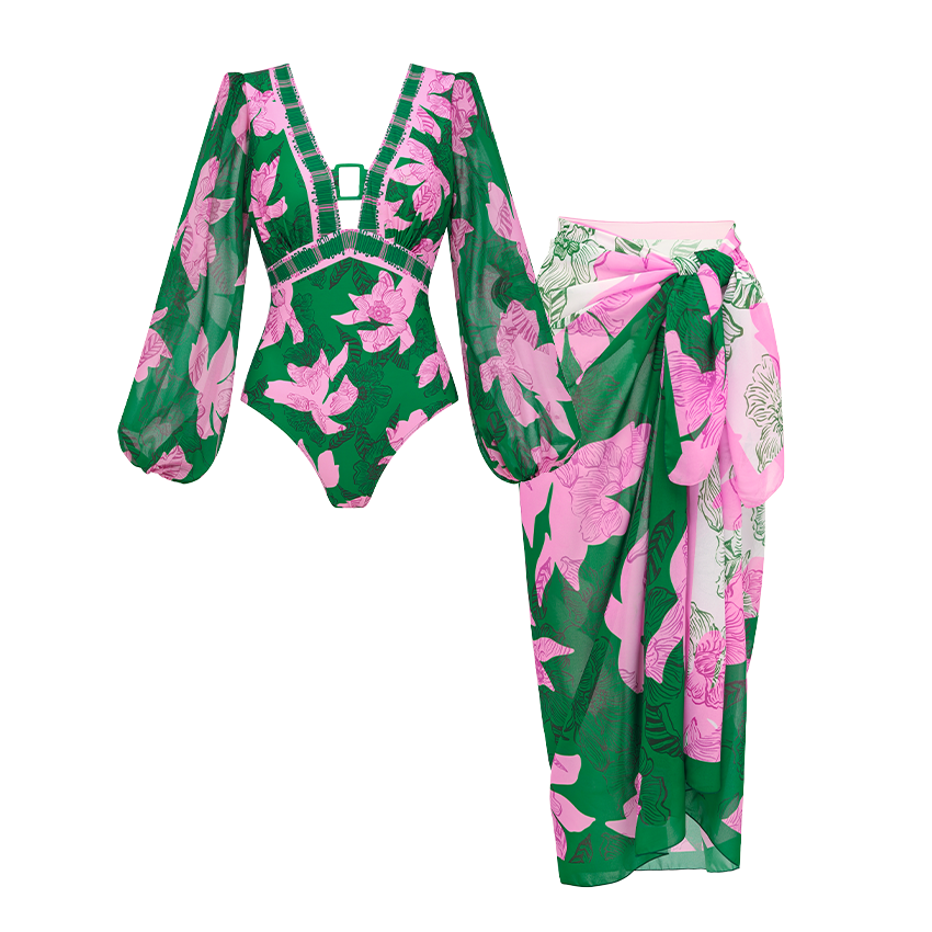 V Neck Long Sleeve Printed Swimsuit Set(s)