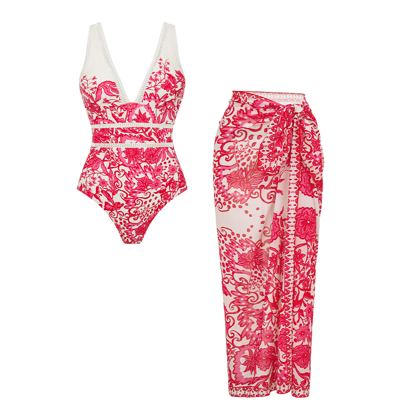 V Neck Lace Printed Swimsuit Set(s)